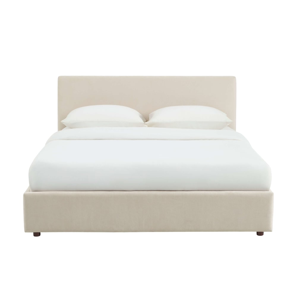 Lit coffre 160x200 tissu beige sommier inclus — Beyit