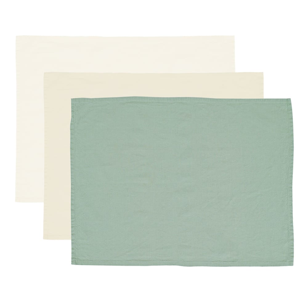 Llot de 3 torchons coton/lin unis ecru/ficelle/sauge 50x70