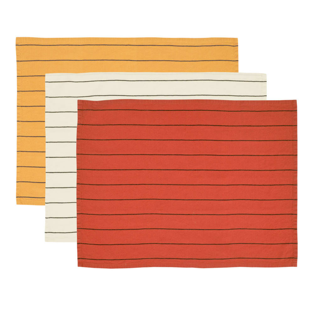 3 torchons coton/lin fines rayures auburn/caramel/ficelle 50x70