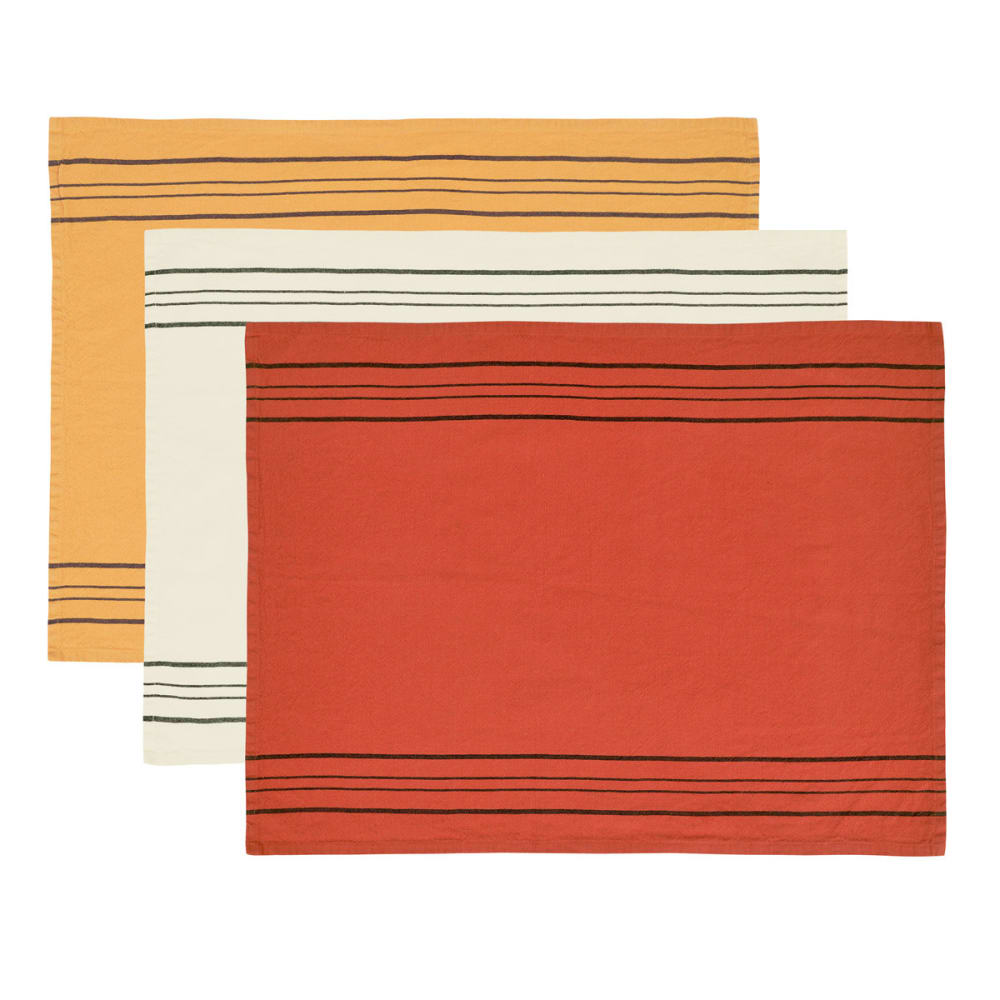 Llot de 3 torchons coton/lin à rayures auburn/caramel/ficelle 50x70