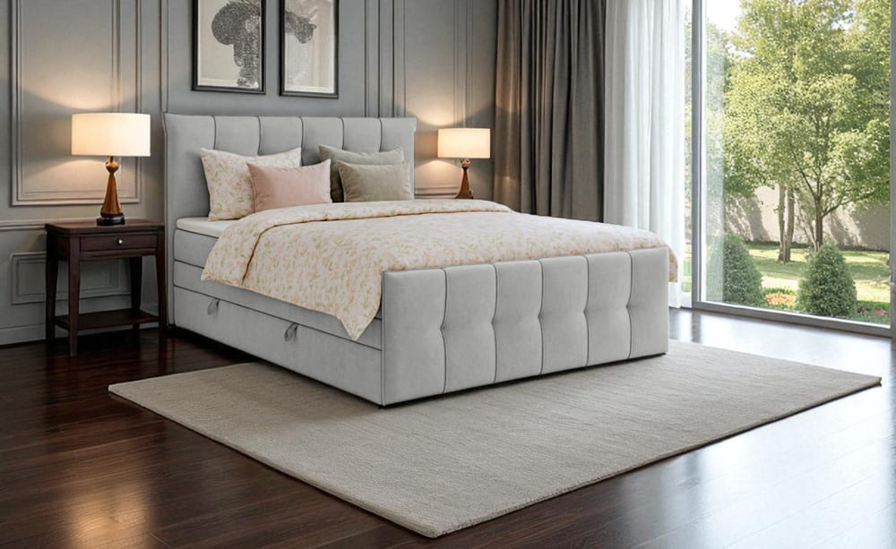 Lit continental avec rangement, gris clair 160x200 cm