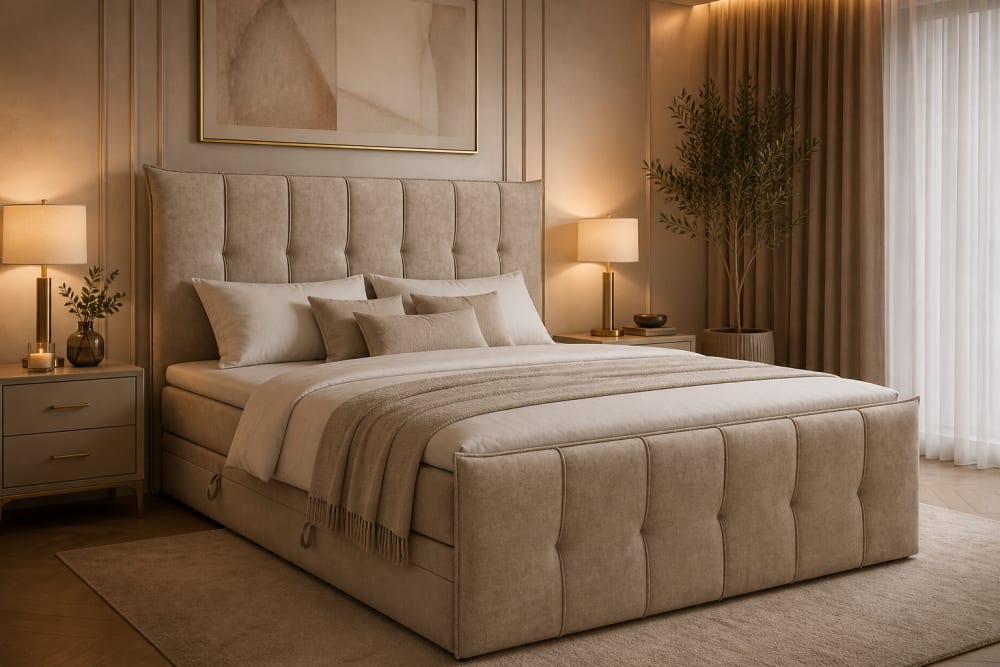 Lit continental avec rangement, beige, 120x200 cm