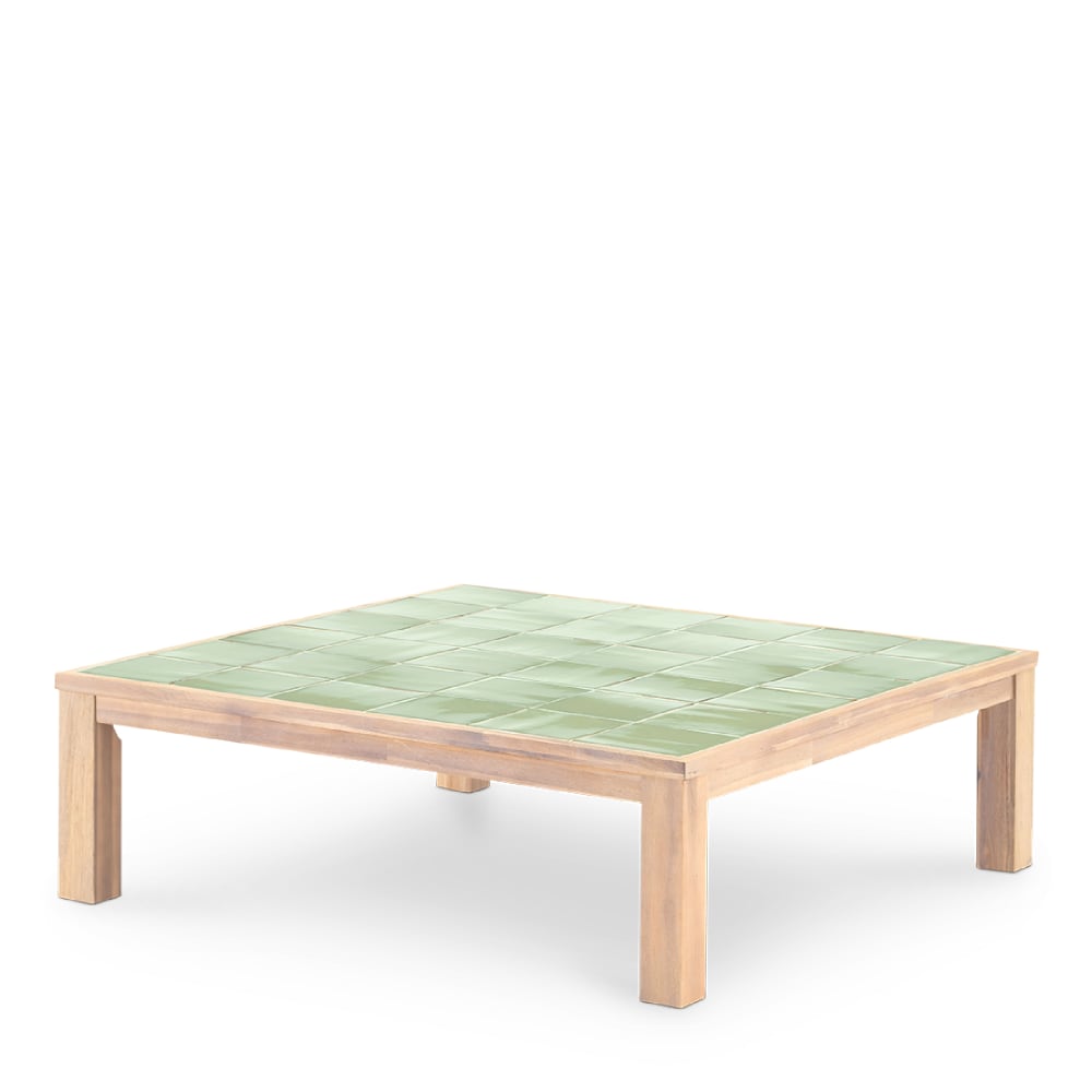 Table basse carrée, bois et céramique 127x127x40 vert clair