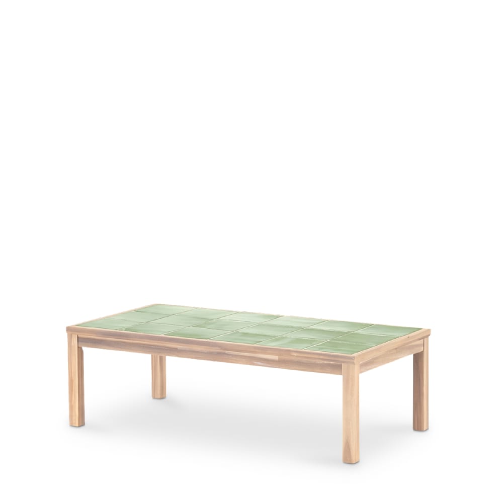 Table basse rectangulaire, bois et céramique 127x66x40 vert clair