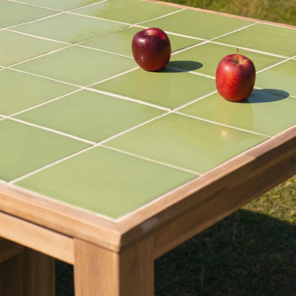 Rechteckiger Couchtisch aus Holz und Keramik 127x66x40 hellgrün -