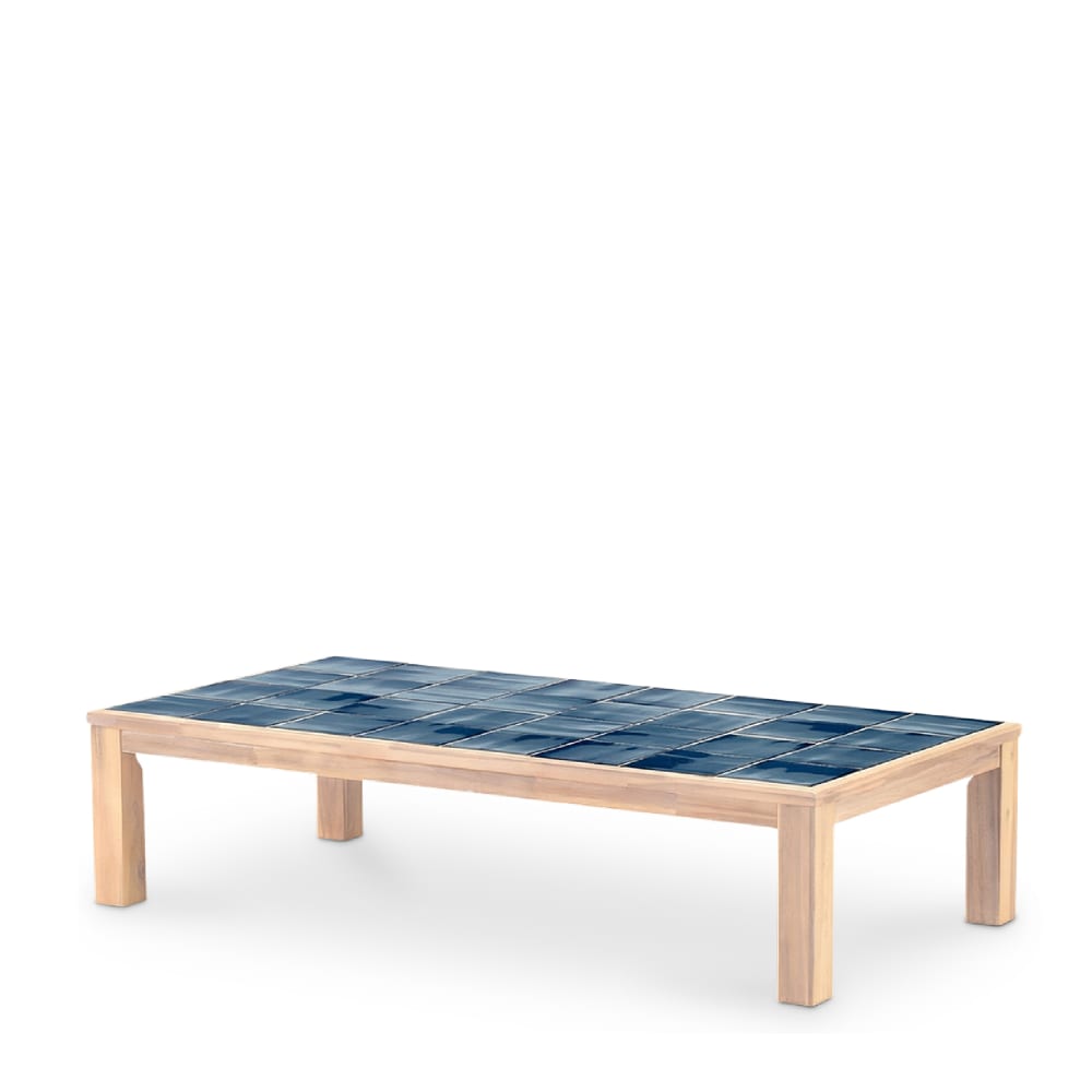 Table basse rectangulaire, bois et céramique 167x87x40 bleu