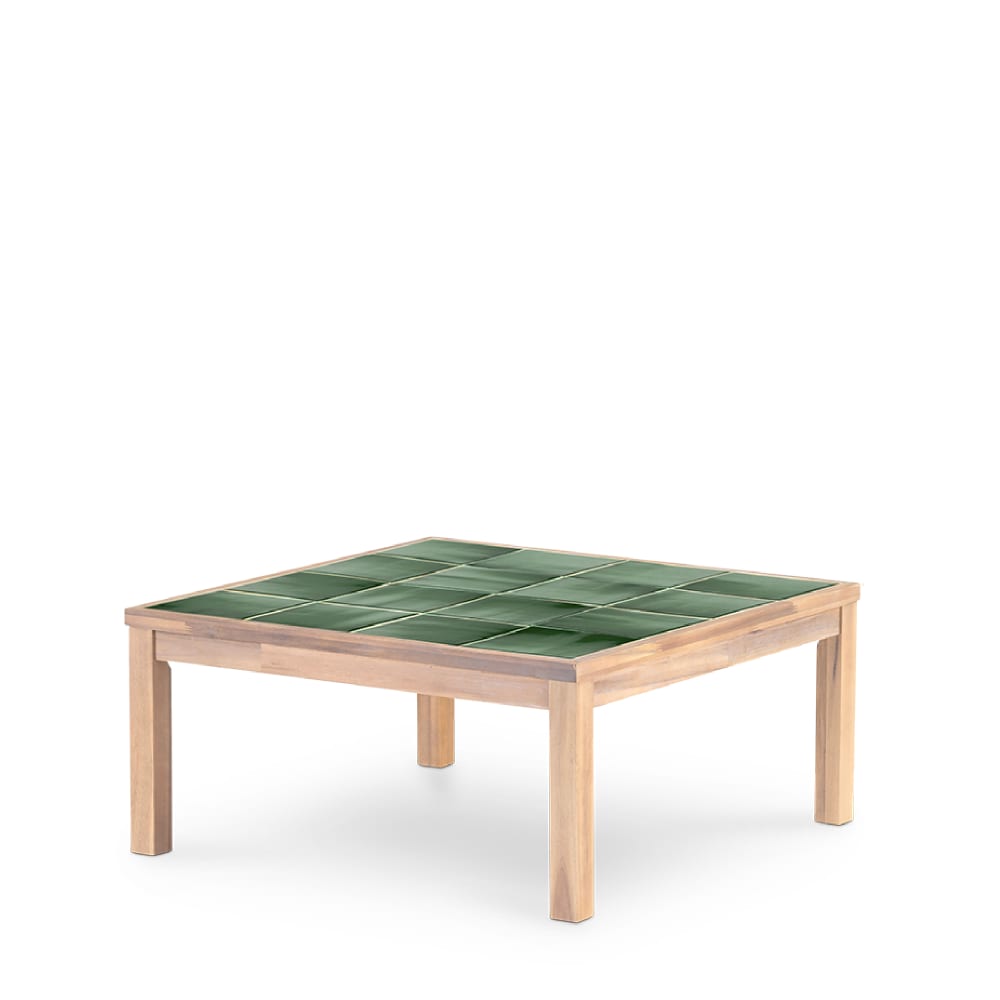 Table basse carrée, bois et céramique 86x86x40 vert