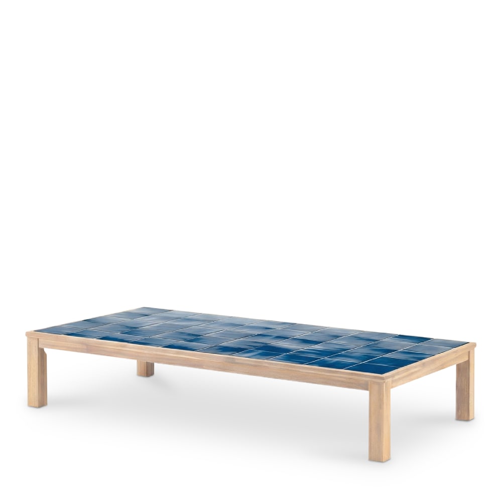 Table basse rectangulaire, bois et céramique 207x106x40 bleu