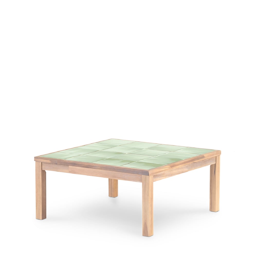 Table basse carrée, bois et céramique 86x86x40 vert clair