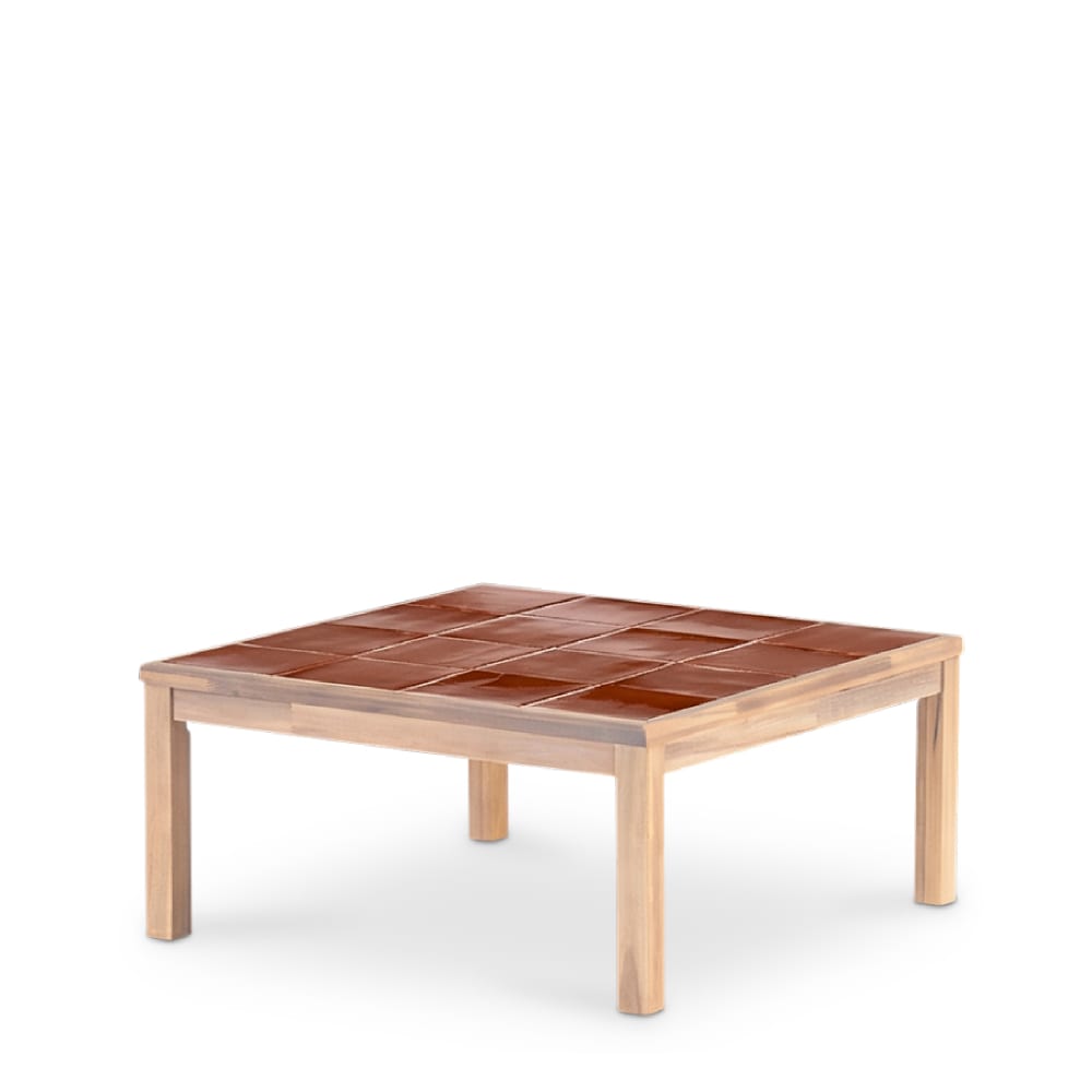 Table basse carrée, bois et céramique 86x86x40 terracotta