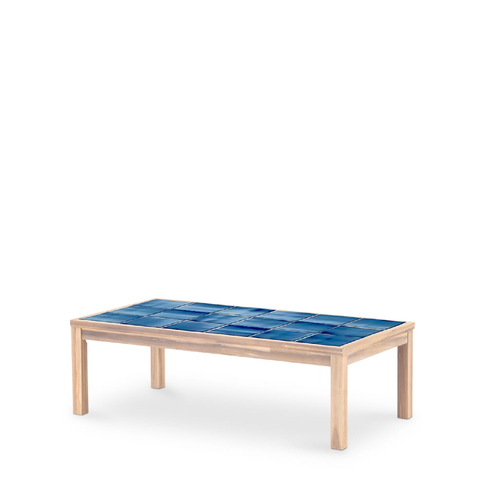 Table basse rectangulaire, bois et céramique 127x66x40 bleu