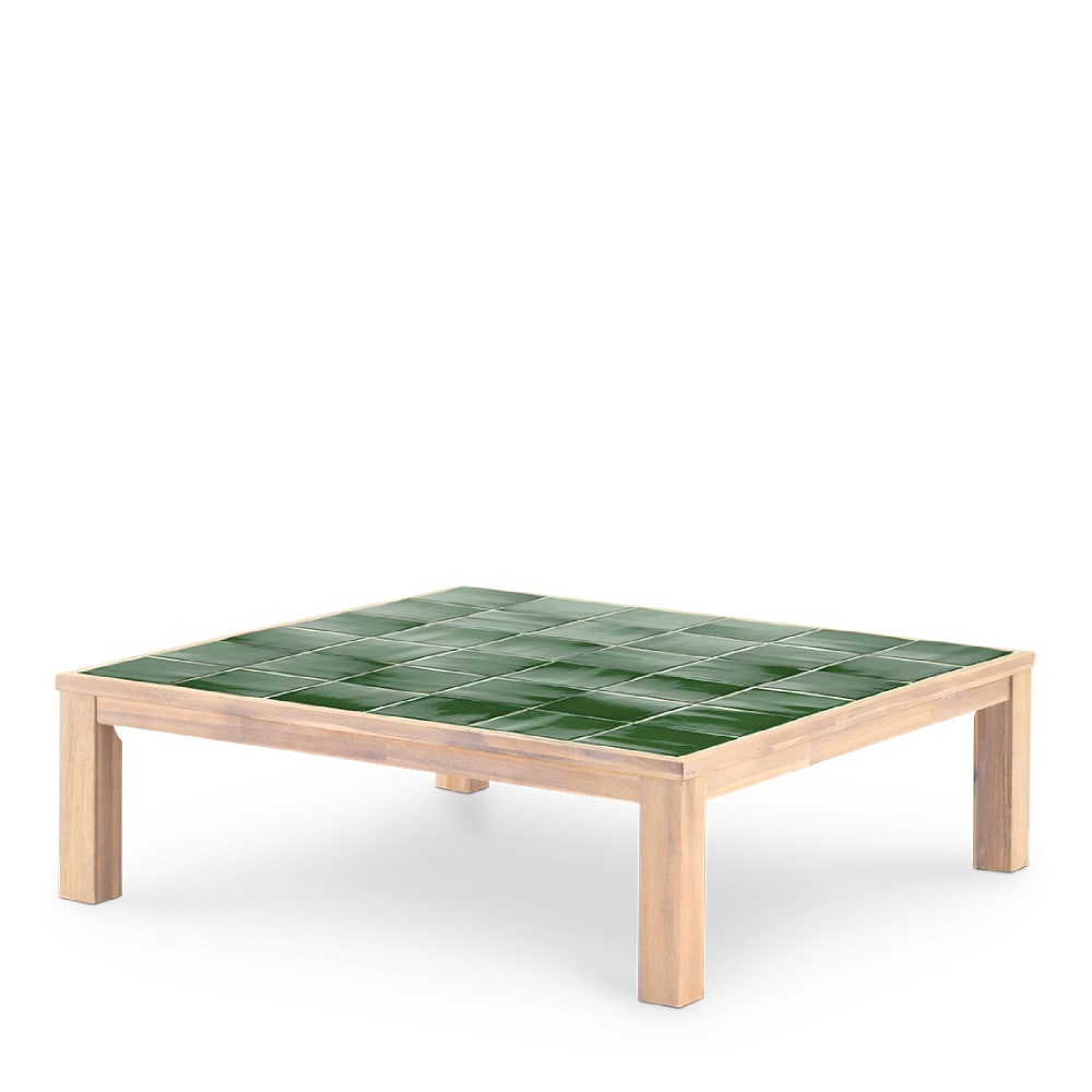 Table basse carrée, bois et céramique 127x127x40 vert