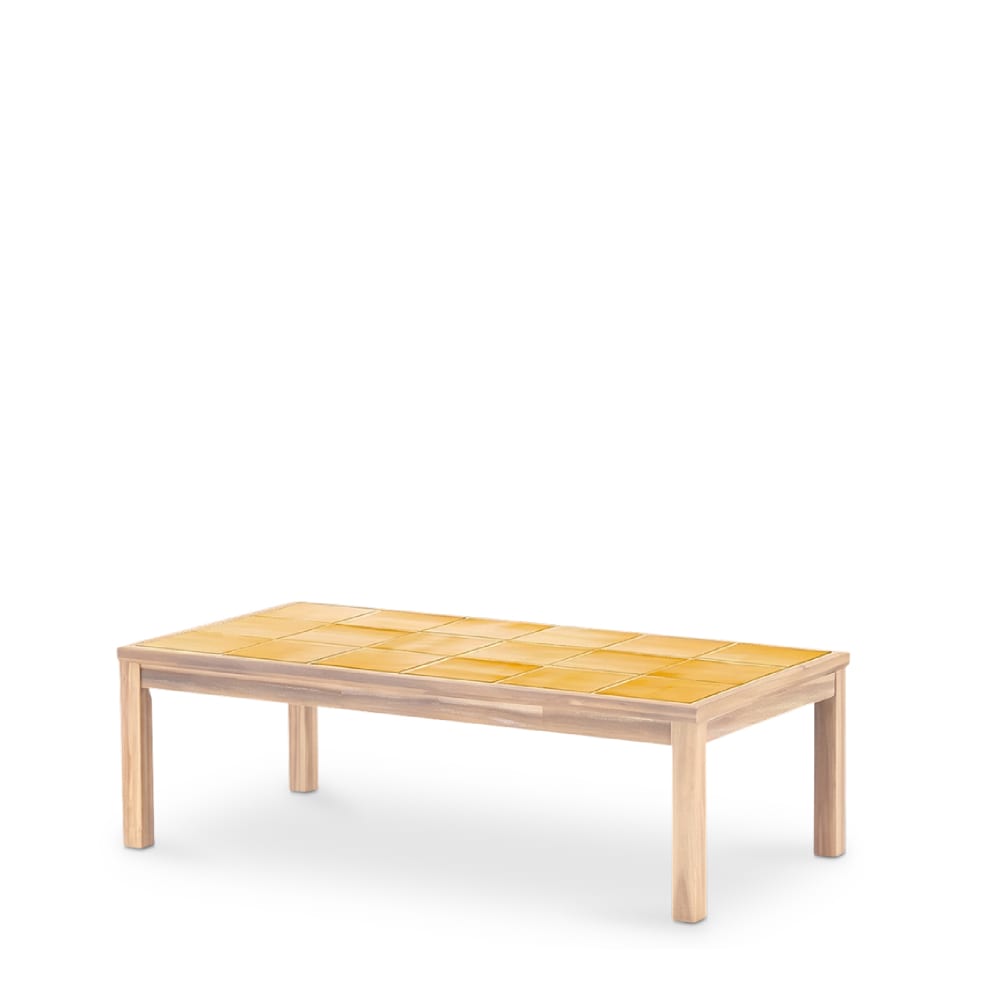 Table basse rectangulaire, bois et céramique 127x66x40 moutarde