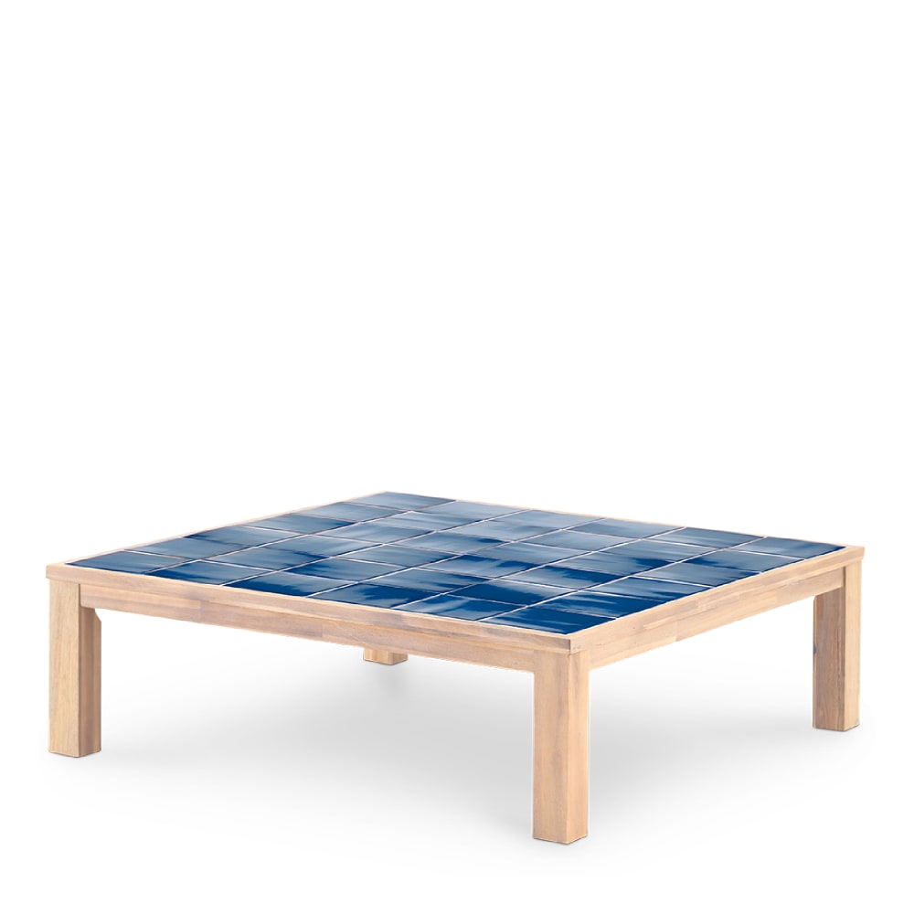 Table basse carrée, bois et céramique 127x127x40 bleu