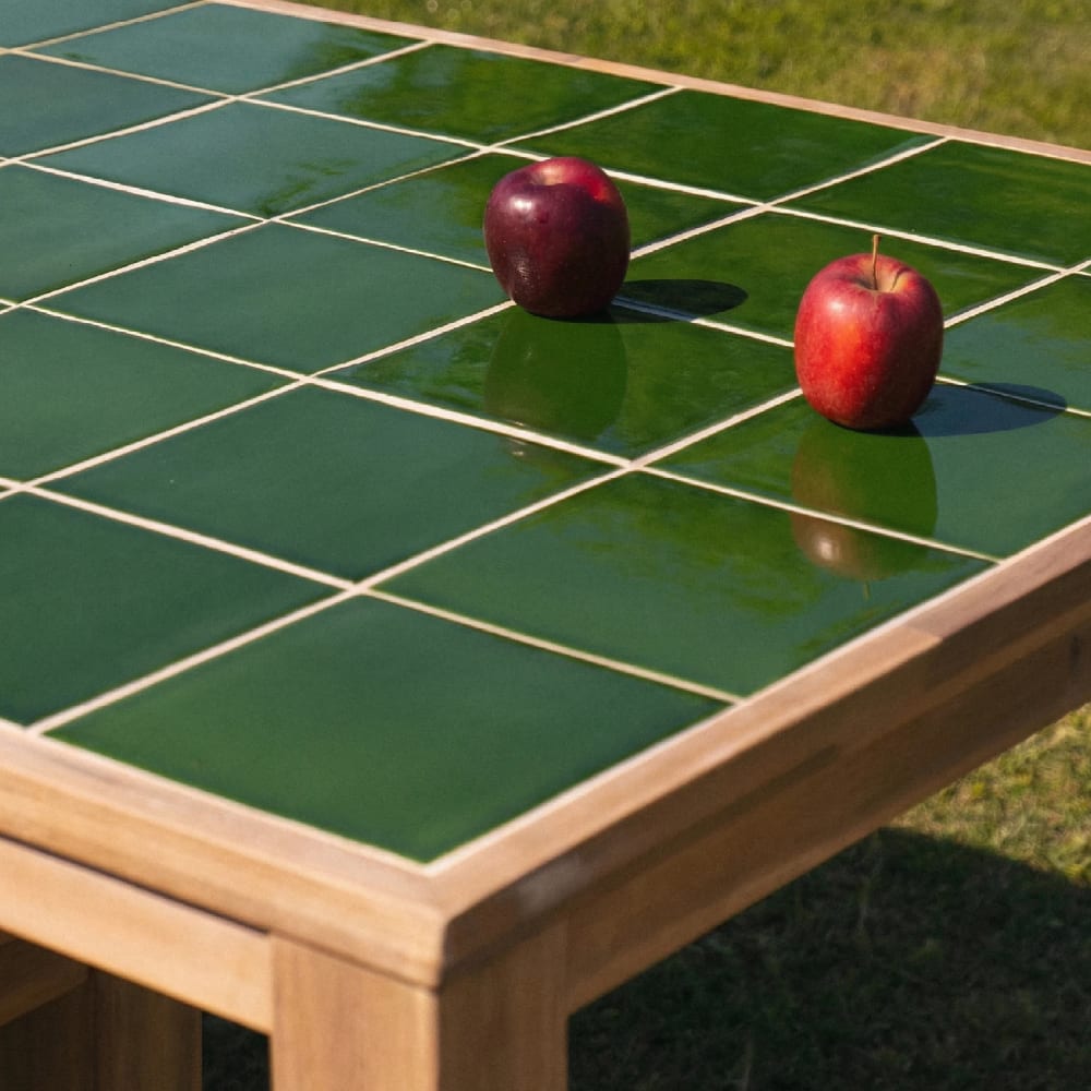 Table basse rectangulaire, bois et céramique 127x66x40 vert