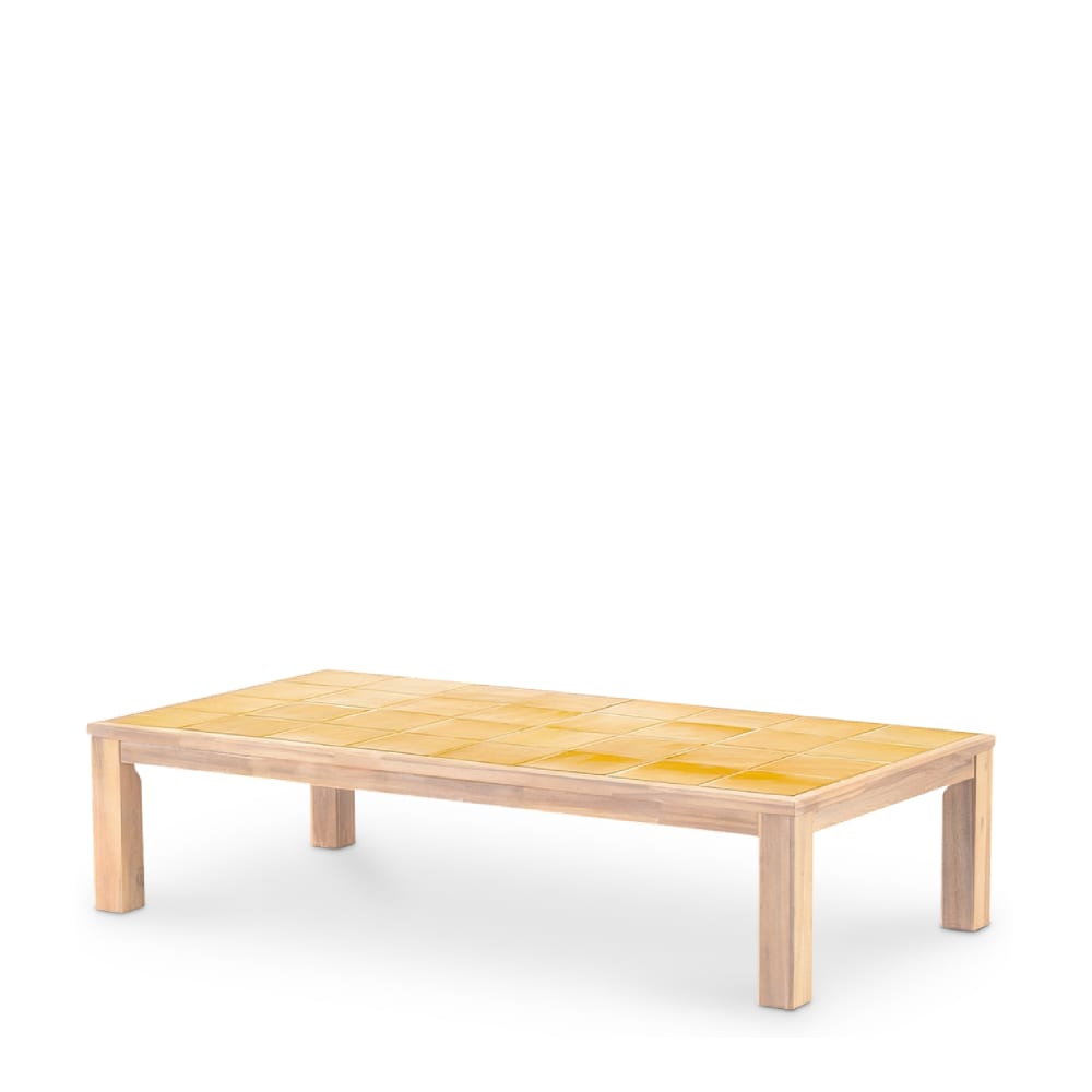 Table basse rectangulaire, bois et céramique 167x87x40 moutarde