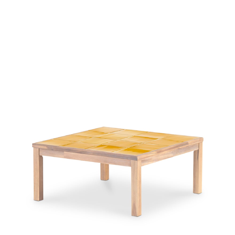 Table basse carrée, bois et céramique 86x86x40 moutarde