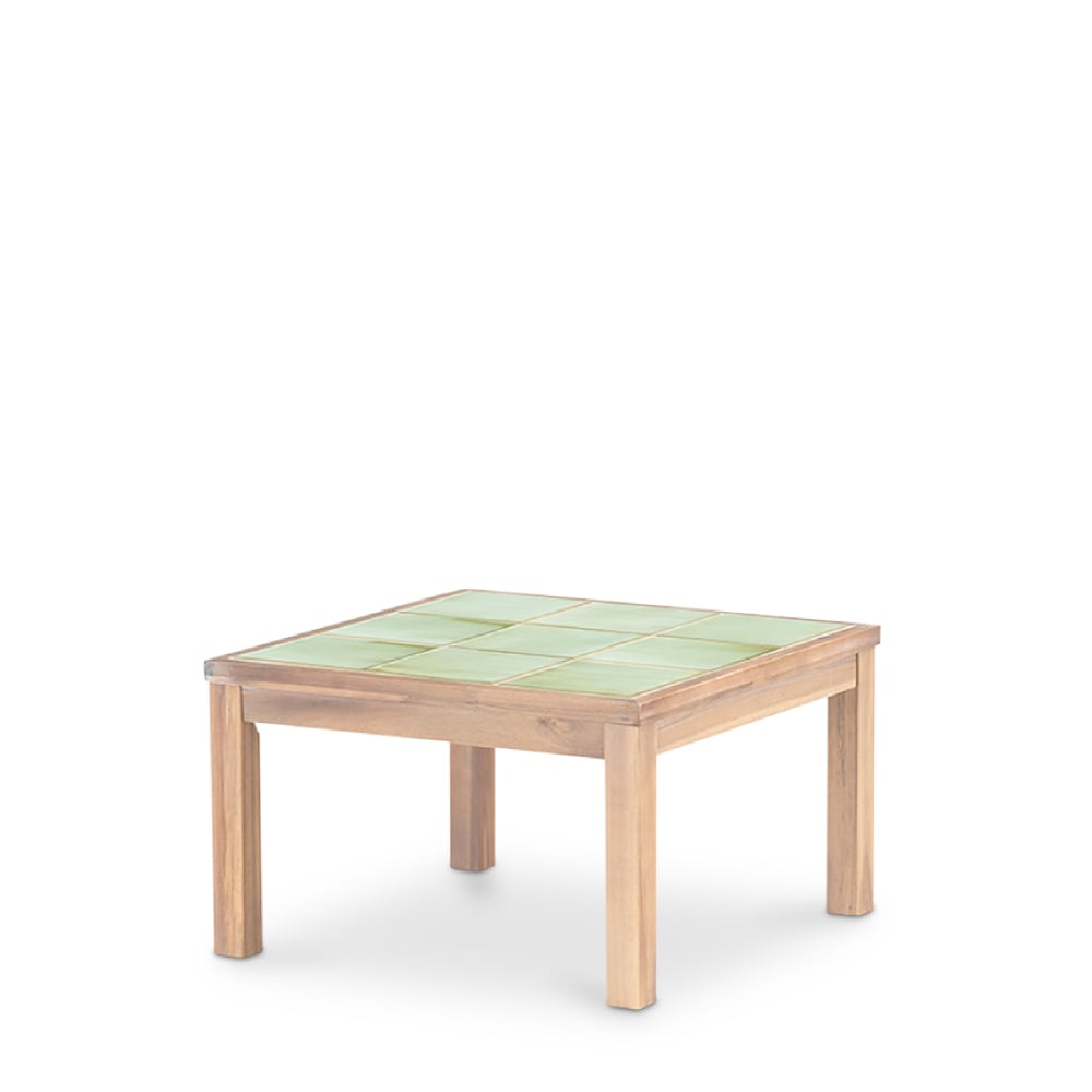 Table basse carrée, bois et céramique 66x66x40 vert clair