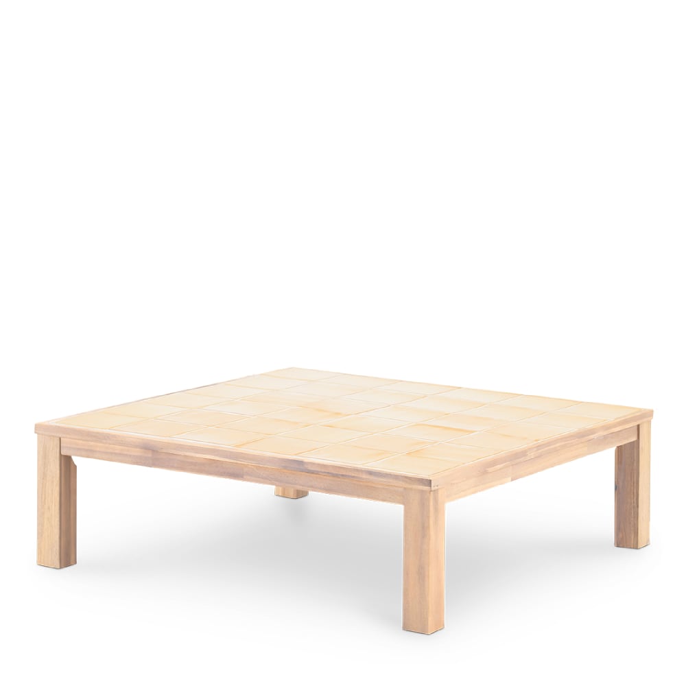 Table basse carrée, bois et céramique 127x127x40 beige