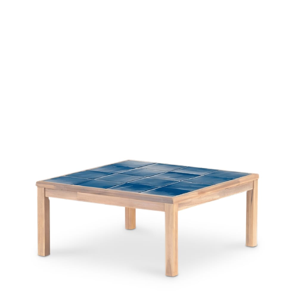 Table basse carrée, bois et céramique 86x86x40 bleu