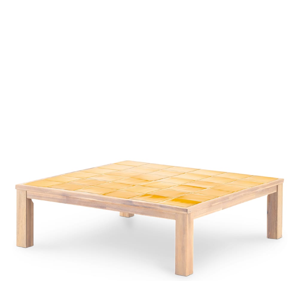 Table basse carrée, bois et céramique 127x127x40 moutarde