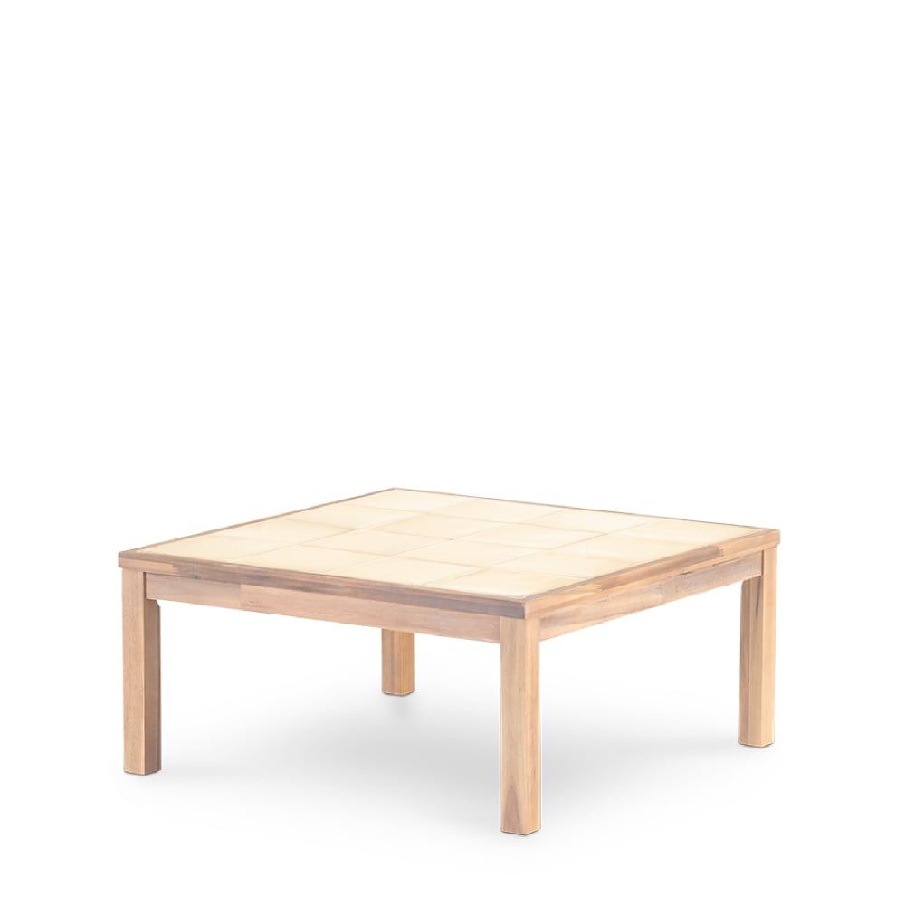 Table basse carrée, bois et céramique 86x86x40 beige