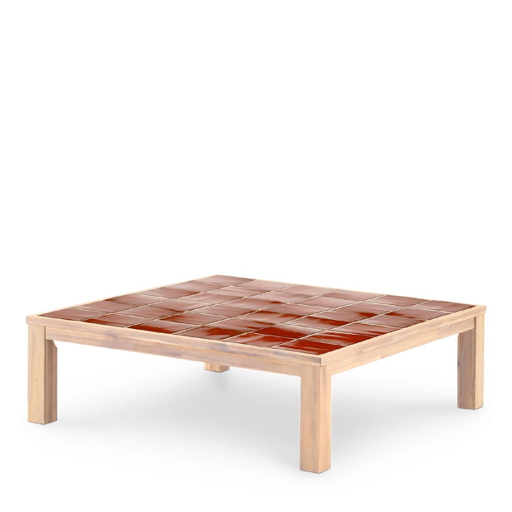 Table basse carrée, bois et céramique 127x127x40 terracotta