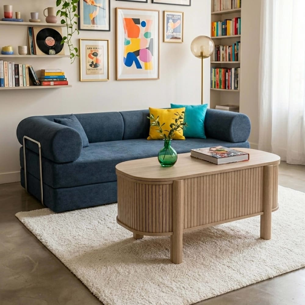 Couchtisch mit Hubmechanismus oval 100 x 48 cm helle Holzoptik -