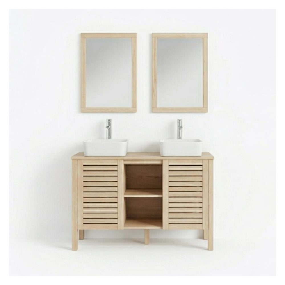 Ensemble  120cm chêne double vasque, robinets et miroir