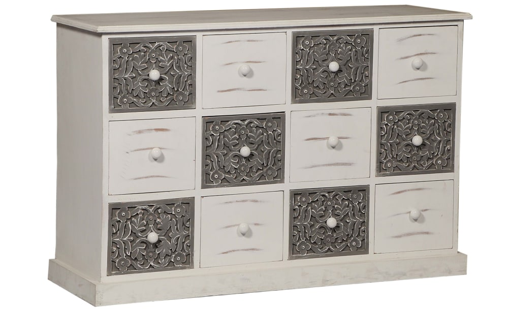 Commode 12 tiroirs bois gris et blanc