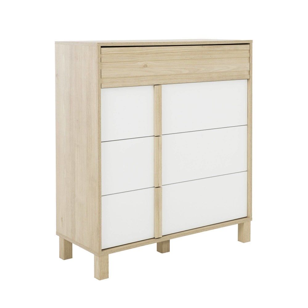Commode 4 tiroirs effet bois clair et blanc H107