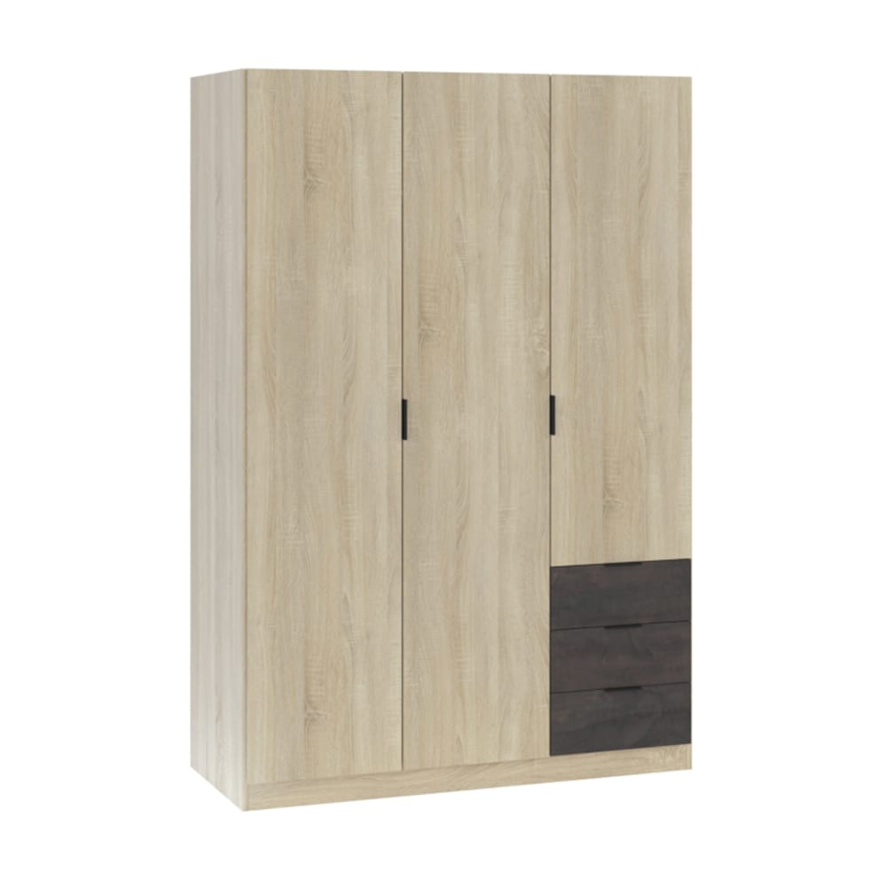 Armoire 3 portes 3 tiroirs 121x52x180 cm naturel et noir