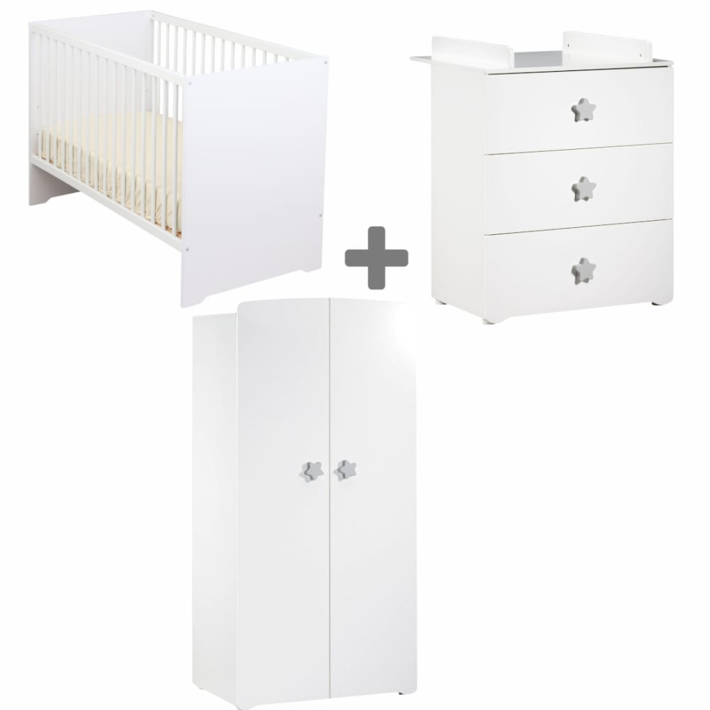 Chambre complète bébé avec lit 120x60cm, commode