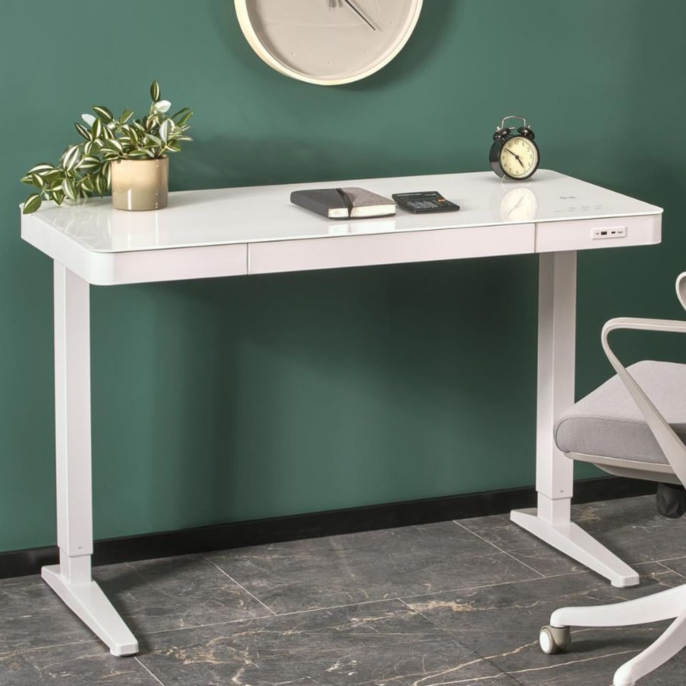 Bureau assis débout électrique blanc avec chargeur 120cm