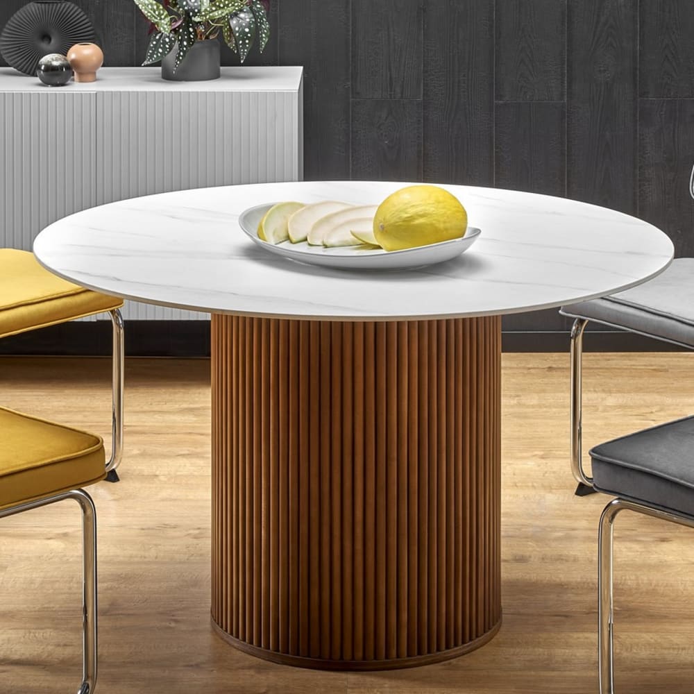 Runder Esstisch mit Keramikplatte in Marmoroptik, 120 cm, Braun -