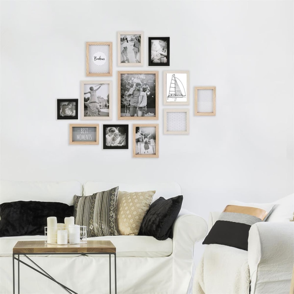 Set de 12 cadres photo multi-tailles effet bois naturel blanc et noir — vue 3