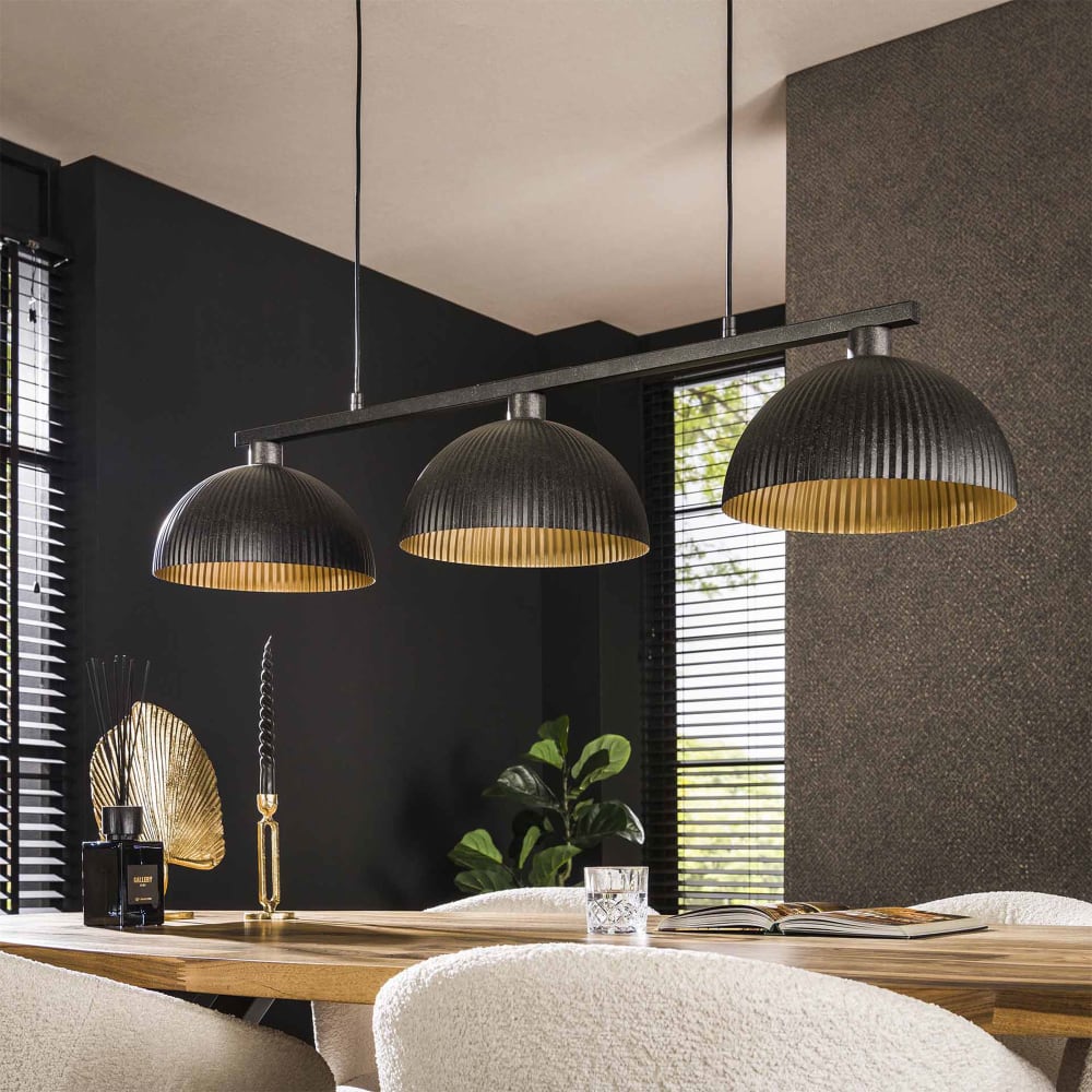 Suspension 3 lampes 120x30x150 cm en métal noir et doré - AMP