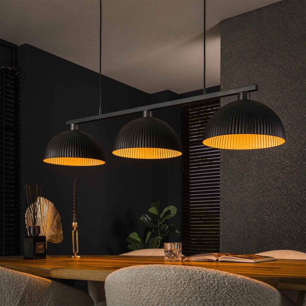 Suspension 3 lampes 120x30x150 cm en métal noir et doré