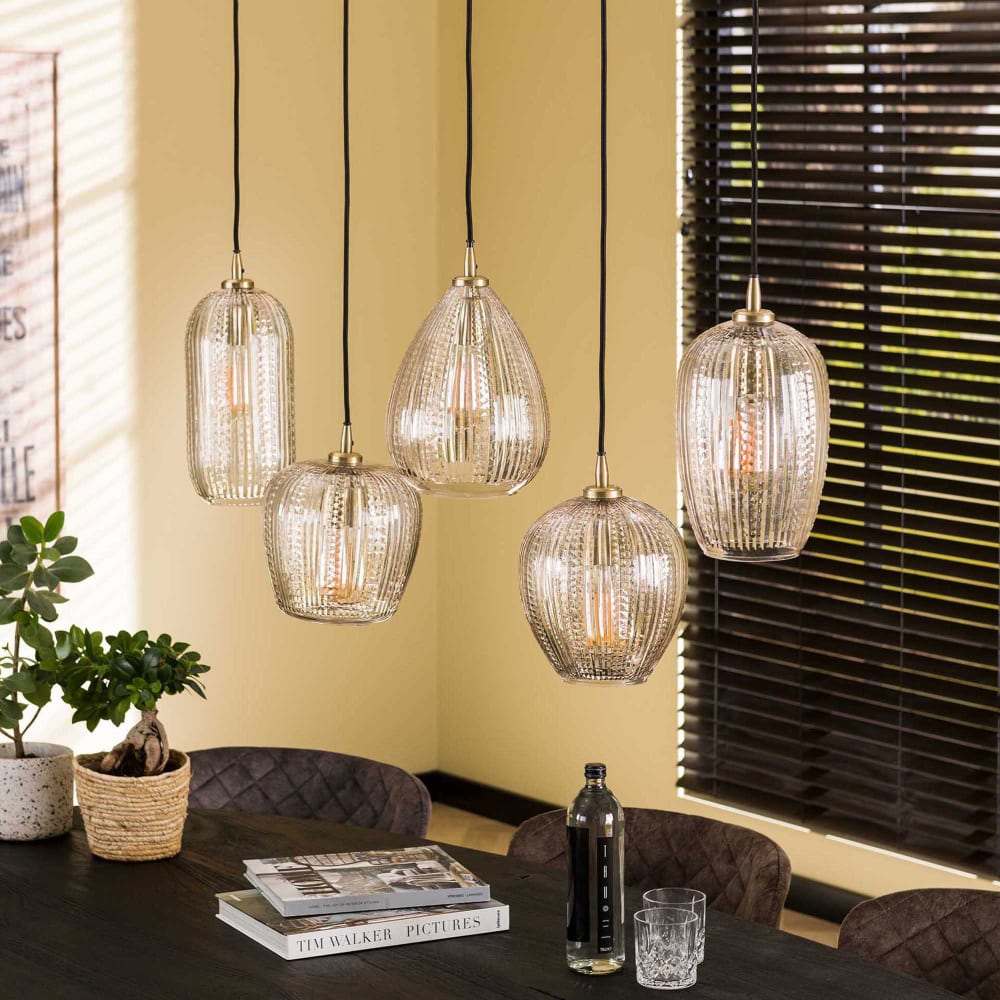 Suspension 5 lampes 120x20x150 cm en verre et métal