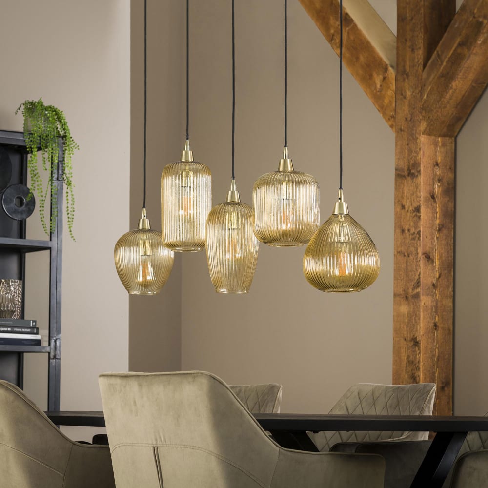 Suspension 5 lampes 120x20x150 cm en verre ambré et métal — vue 3