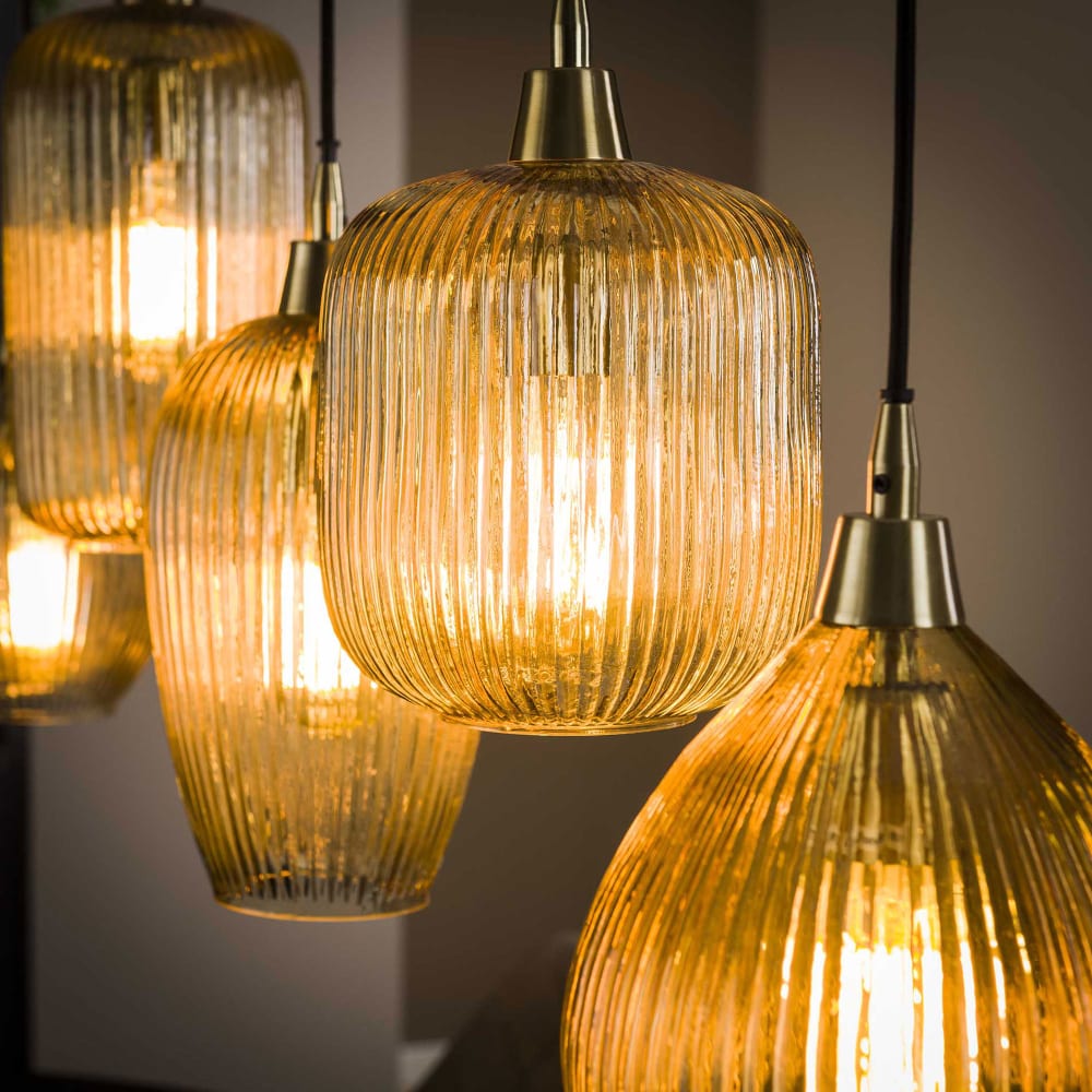 Suspension 5 lampes 120x20x150 cm en verre ambré et métal — vue 4
