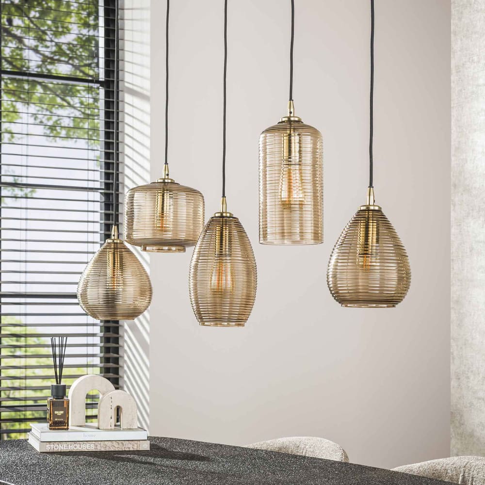 Suspension 5 lampes 126x20x150 cm en verre ambré et métal — vue 3