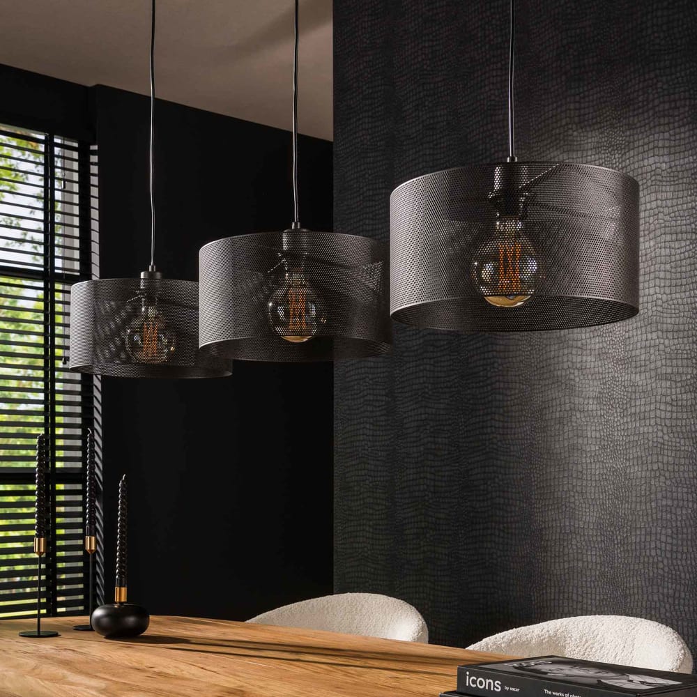 Suspension 3 lampes 120x30x150 cm en métal noir