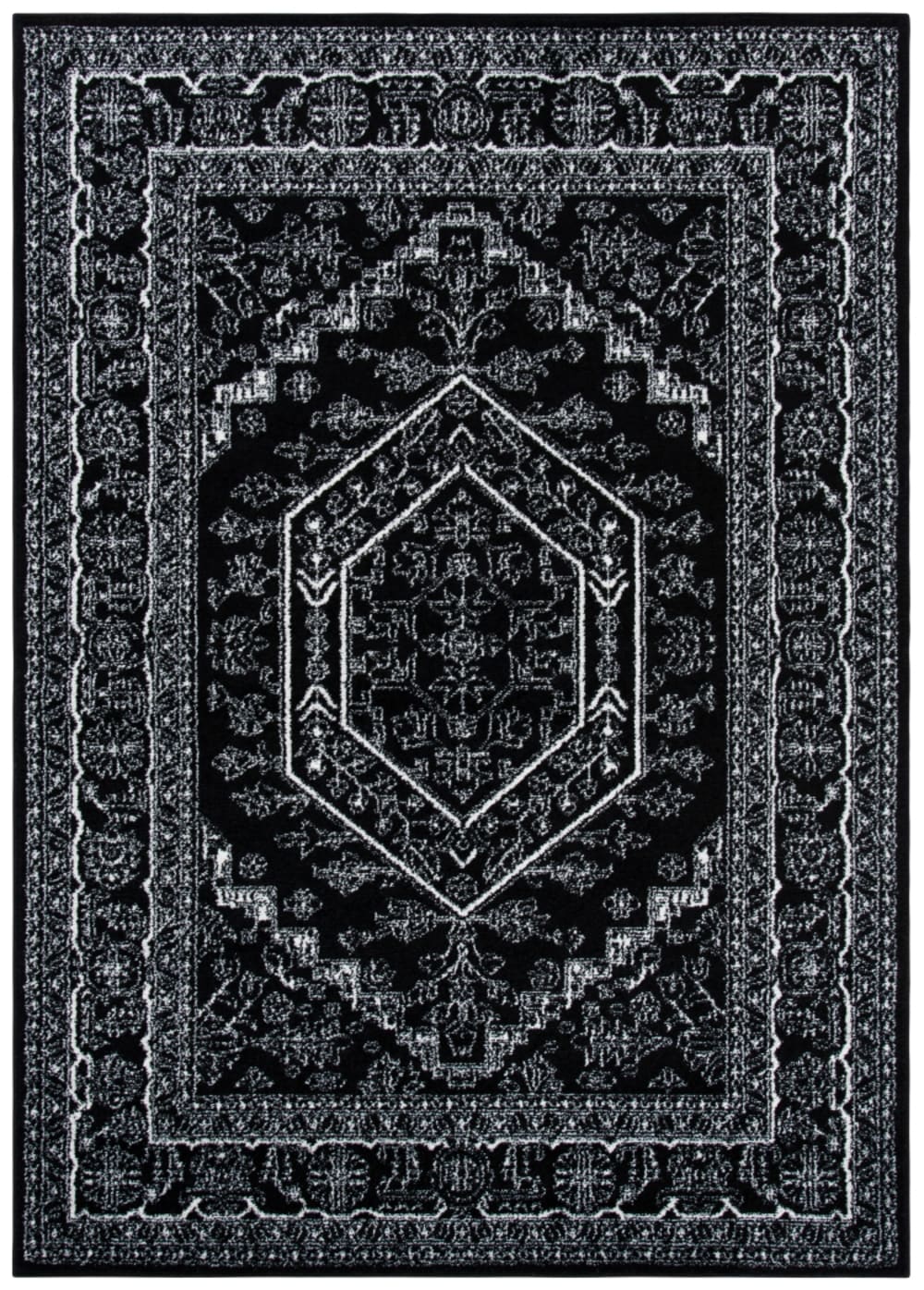 Tapis médaillon en polypropylène noir/blanc, 122 x 183 cm