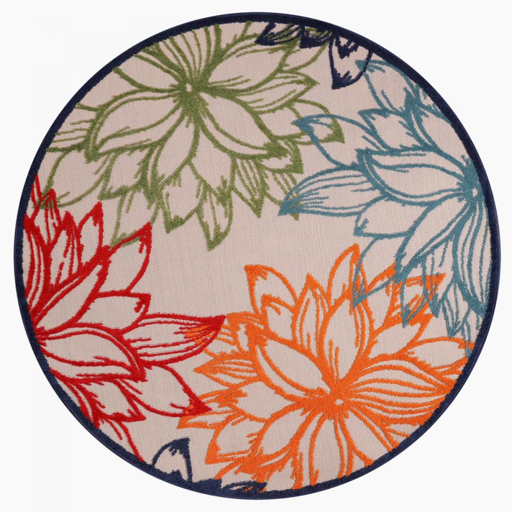 Tapis exterieur 120x120 rond bleu, beige, orange, rouge