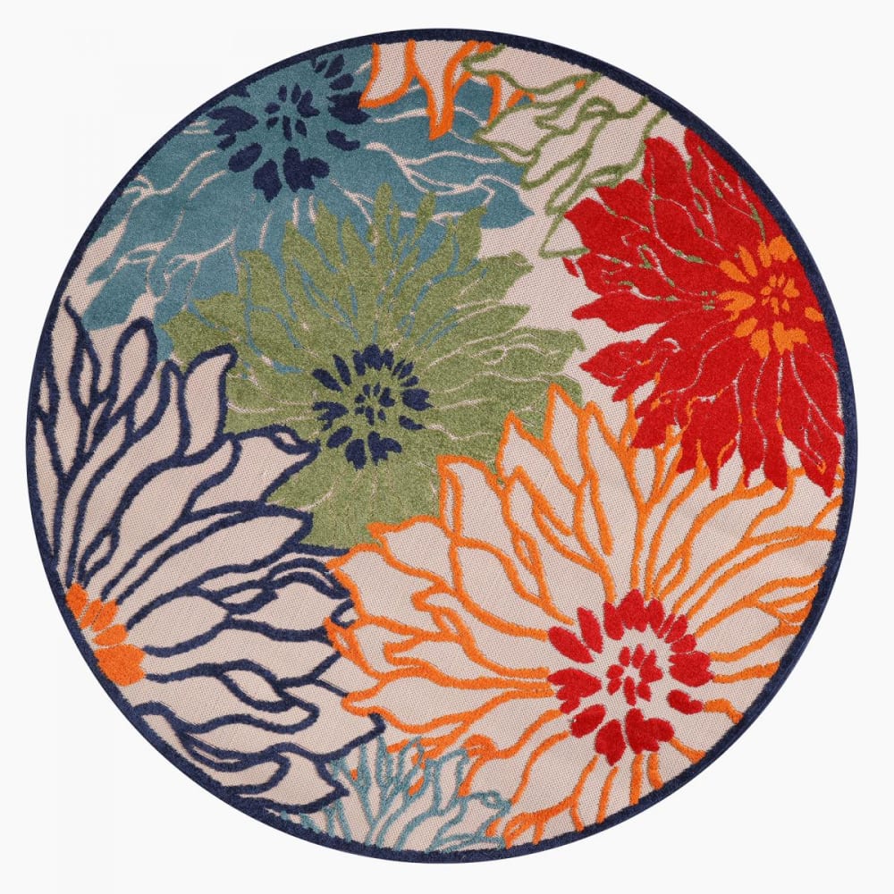 Tapis exterieur 120x120 rond bleu, beige, orange, rouge