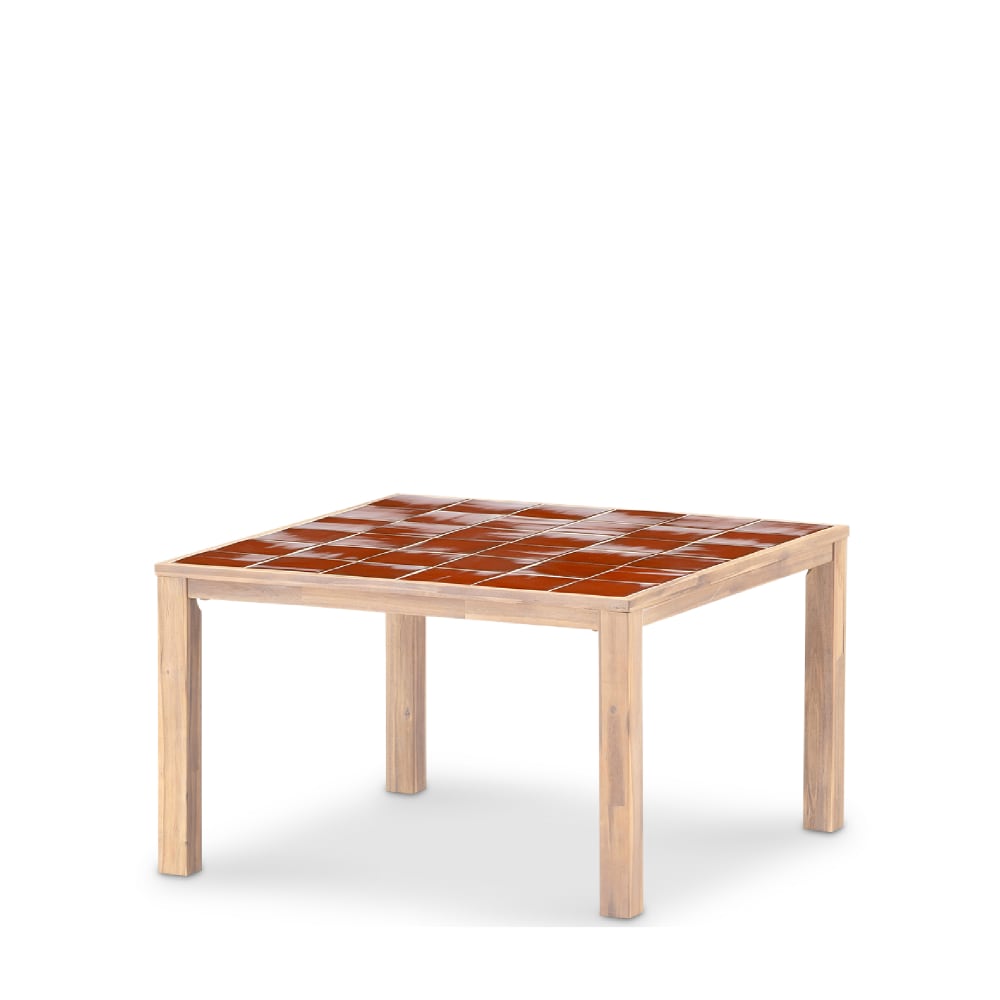 Table à manger carrée, bois et céramique 127x127x76 terracotta