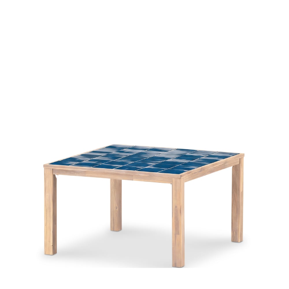 Table à manger carrée, bois et céramique 127x127x76 bleu