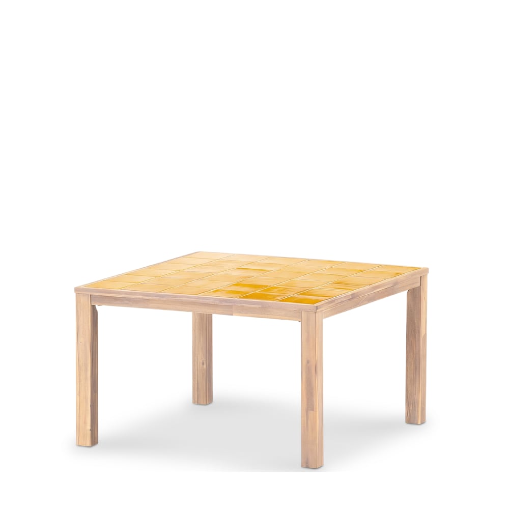 Table à manger carrée, bois et céramique 127x127x76 moutarde