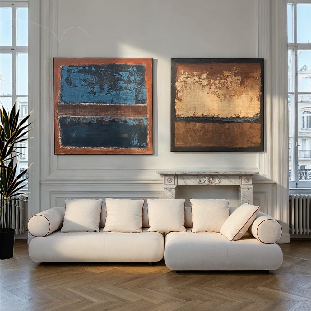Toile encadrée en coton bleu et marron 120x120